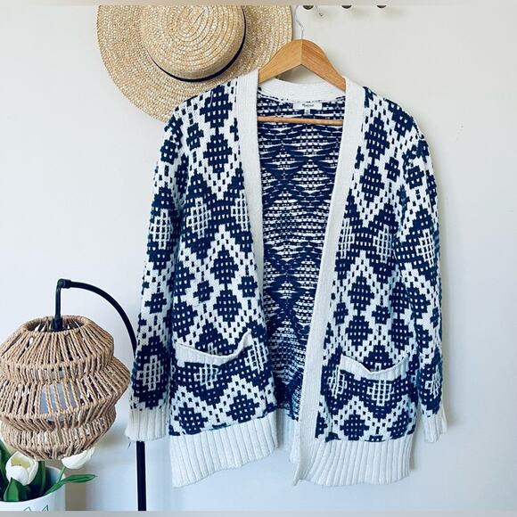 Madewell Contrast Fair Isle Oversized Cardigan Sweater Navy Ivory - Picture 3 of 6